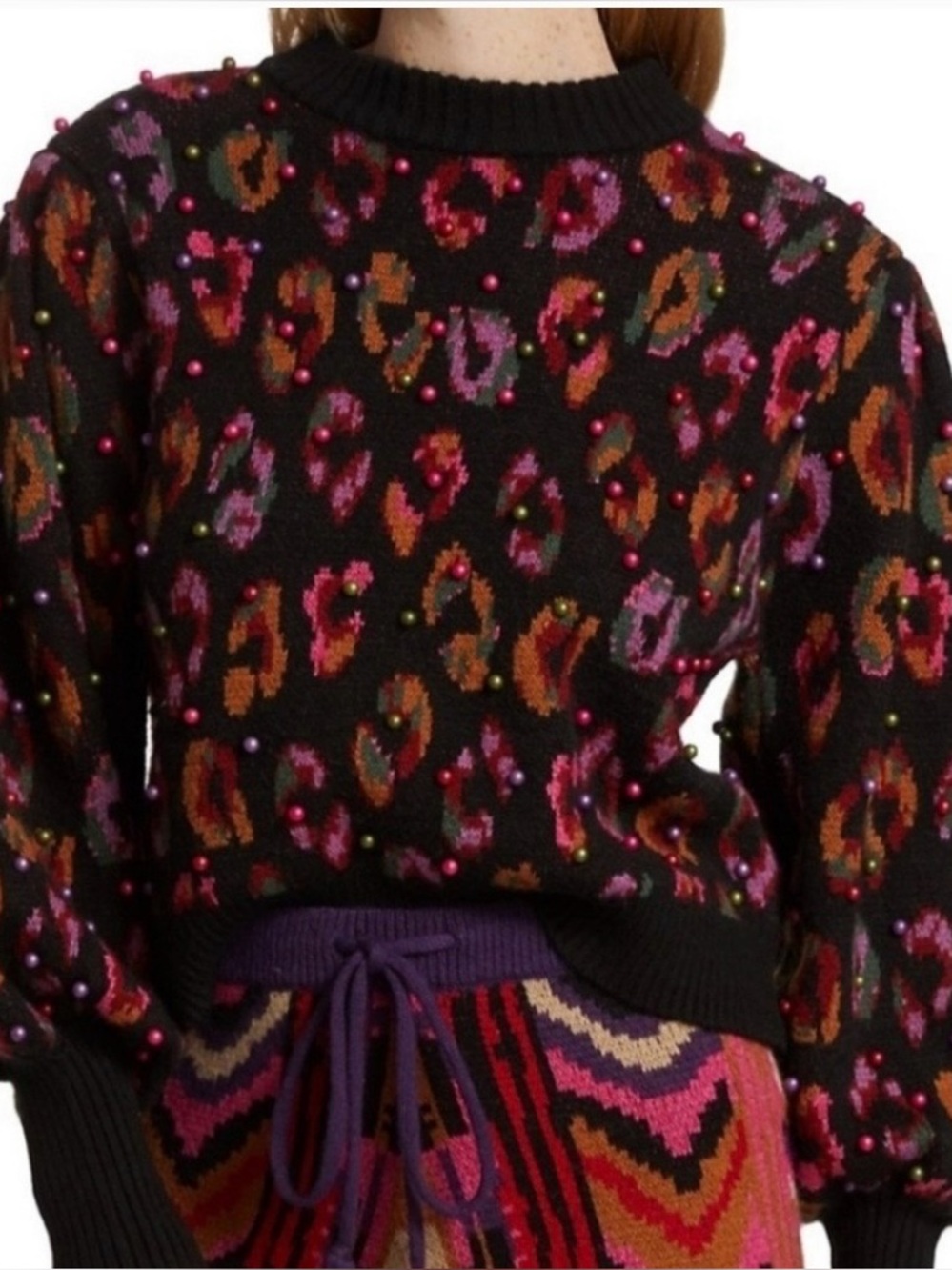 FARM Rio Black Ikat Dyed Leopard Ball Sweater size L
